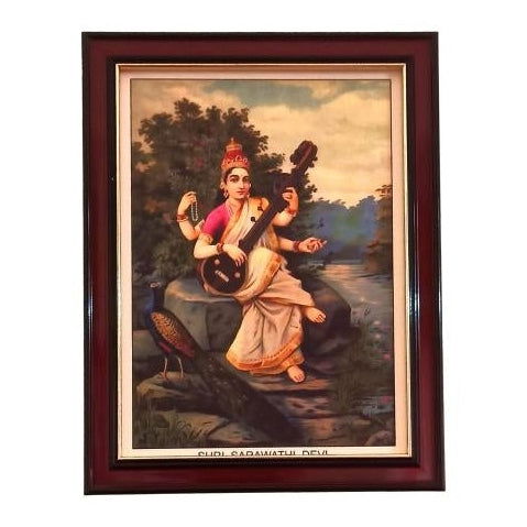 Sri Veena Pani Saraswathi Devi Antique Photo Frame Wall Art - A4 Size 12 x 9 inch - Sri Prarthana