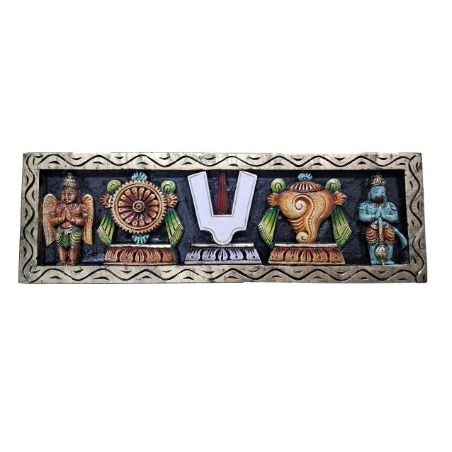 Multicolour Wooden Thenkalai Thirumankappu Shanku Chakra Garudan Hanuman Wave Design Border Wall Decorative Showpiece size 2.5 Ft (30 X 10 Inch)