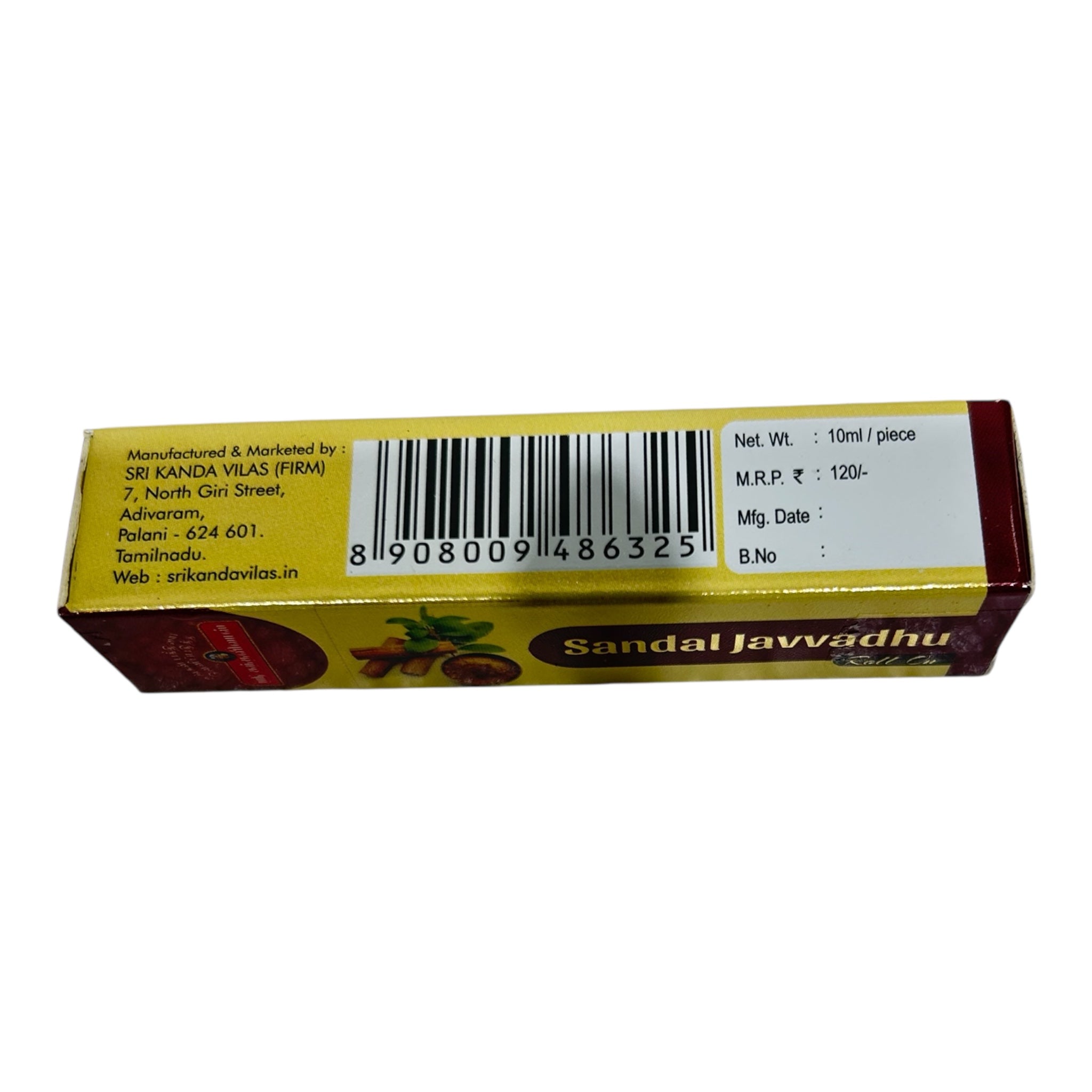 Sri Kandavilas Sandal Javvadhu Roll On 10 ml - Essence of Divinity & of Purity ஸ்ரீ கந்த விலாஸ் வாசனை ஜவ்வாது குப்பி