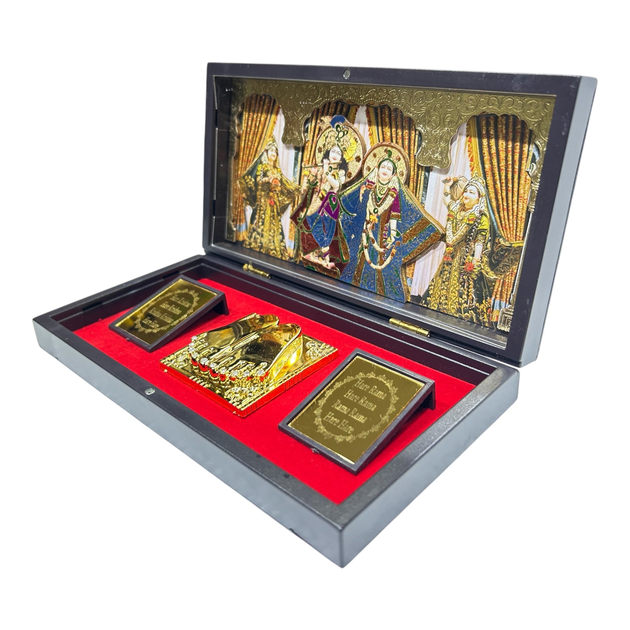 ISKCON Multicolour Sri Radha Krishna Charan Padhukas Corporate Gift Box 21 x 11cms - devotional presentations for Janmashtami Celebrations