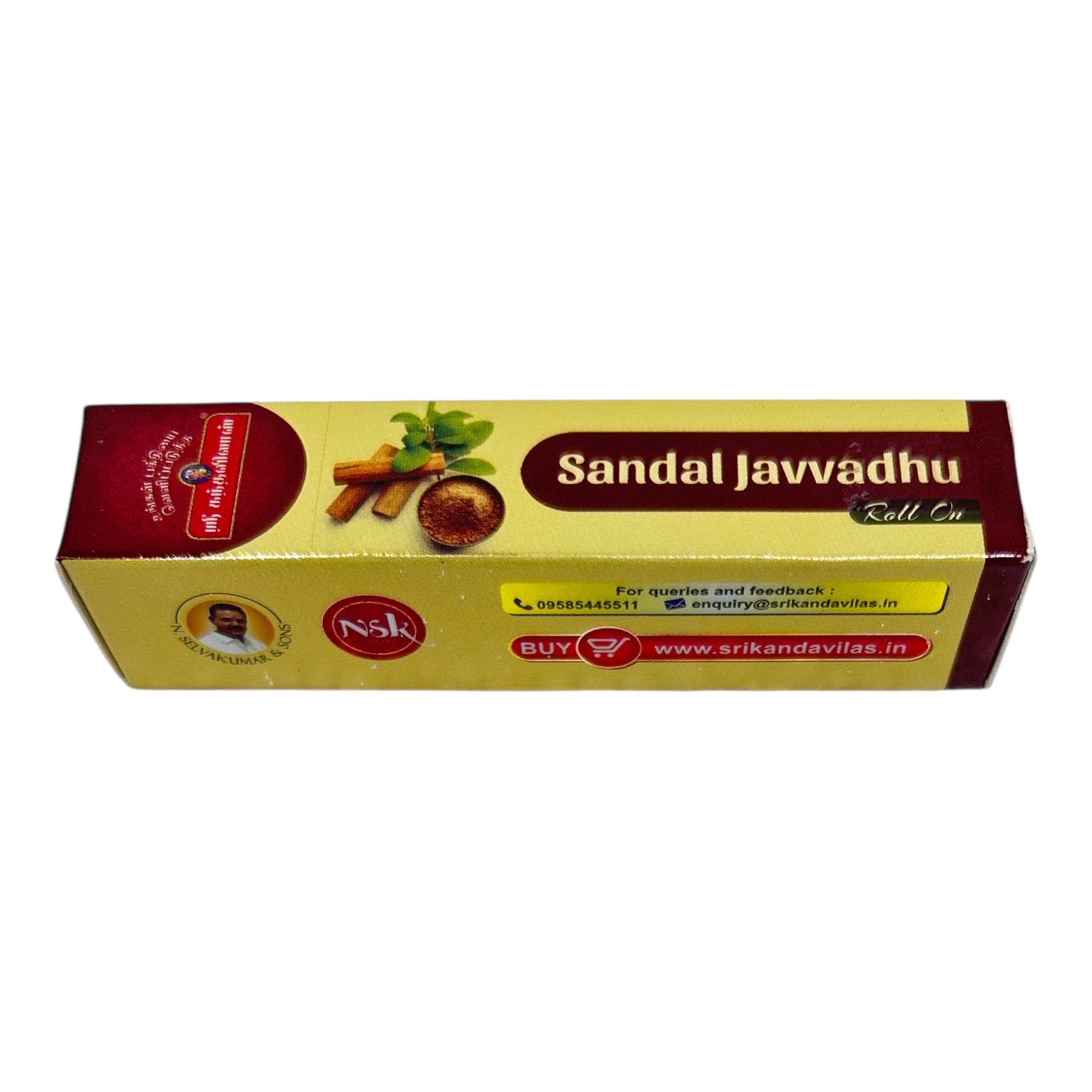 Sri Kandavilas Sandal Javvadhu Roll On 10 ml - Essence of Divinity & of Purity ஸ்ரீ கந்த விலாஸ் வாசனை ஜவ்வாது குப்பி