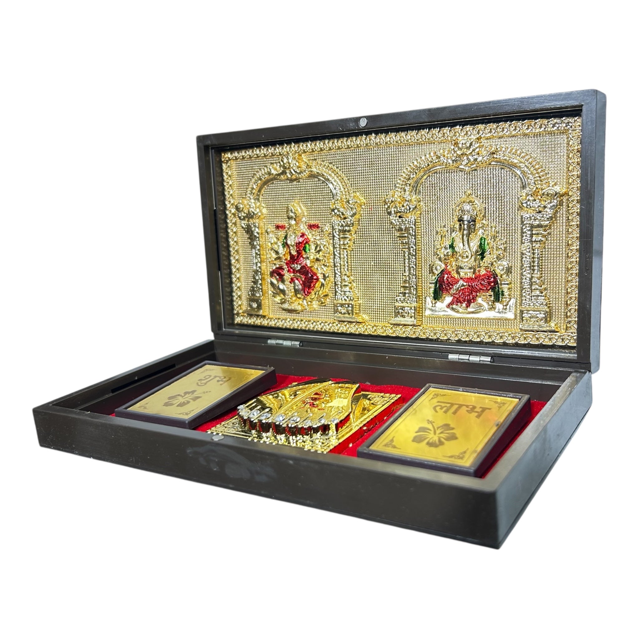Sri Lakshmi Ganesh Silver foil Charan Padhukas Corporate Gift  21 x 11 cms LG Pooja Box - Sacred Auspicious  décor Presentation