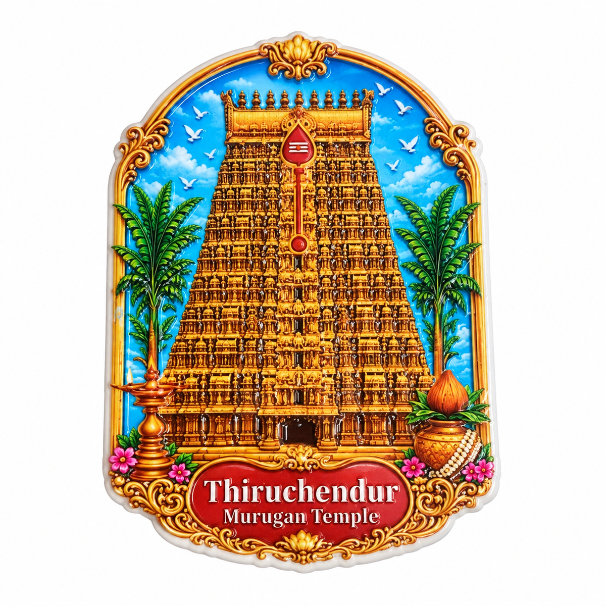 Thiruchendur Murugan Temple Ceramic Magnet- Dimension 3 X 2.1 cms