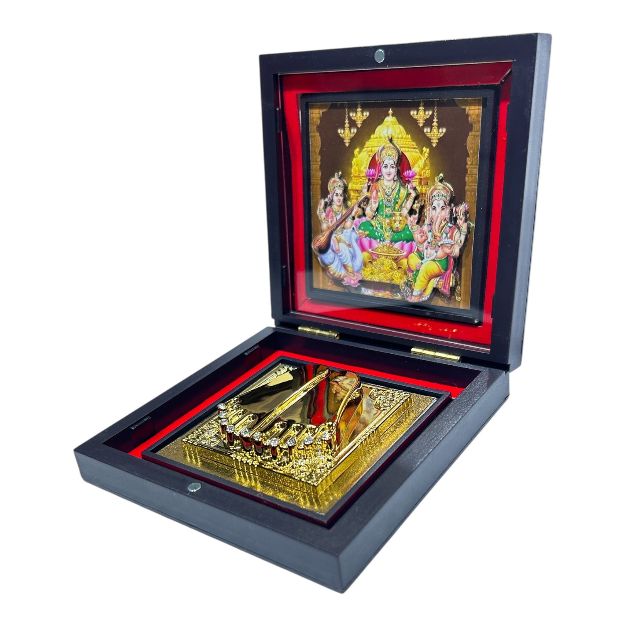 Sri Lakshmi Ganesh Saraswathi Gold Plated Charan Box Corporate Gift 11 x 11 cm - LGS memorable Presentation for religious festivals