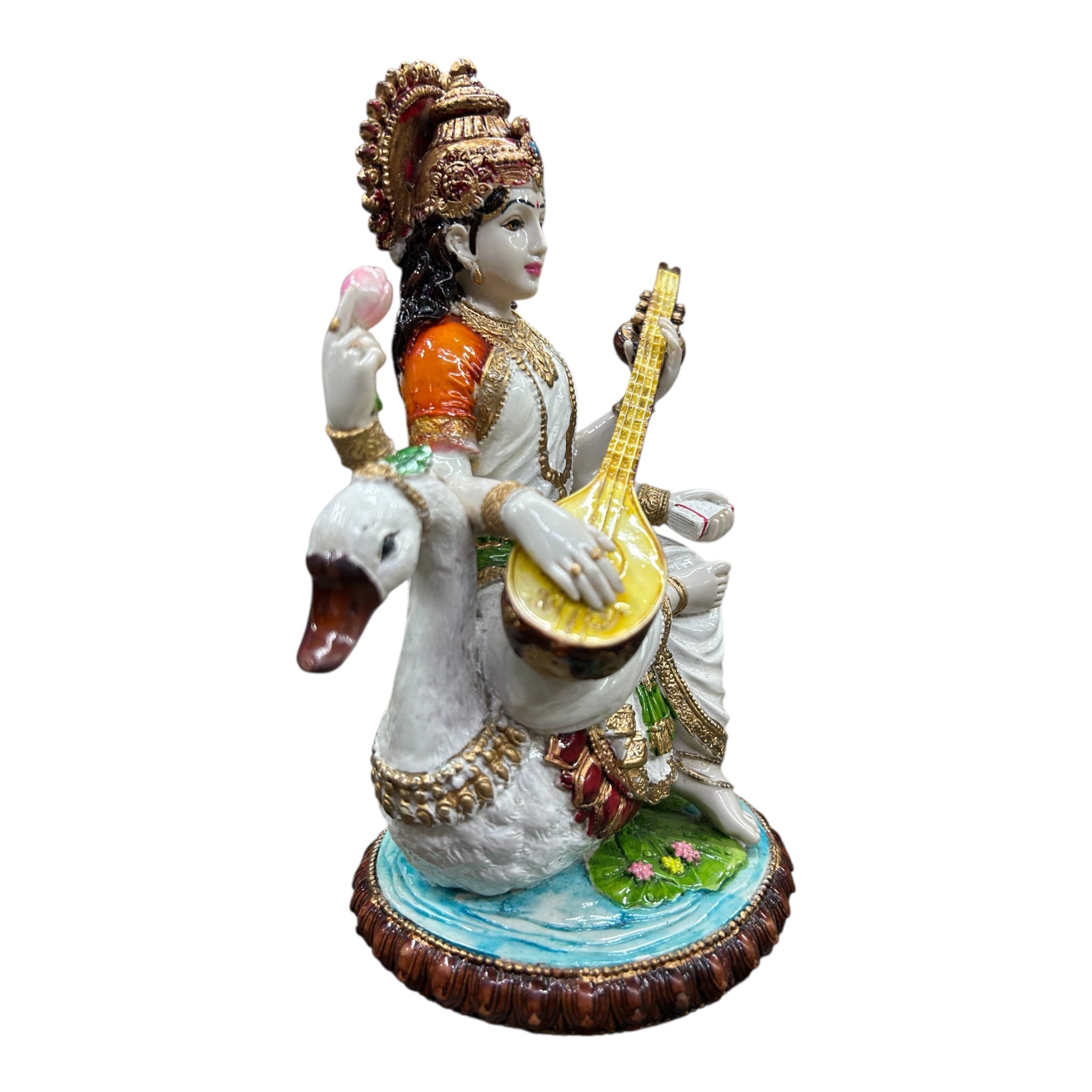 Veena Saraswathi in Swan Marble Dust Statue – 8 Inch Multicolour Idol for Pooja & Gift