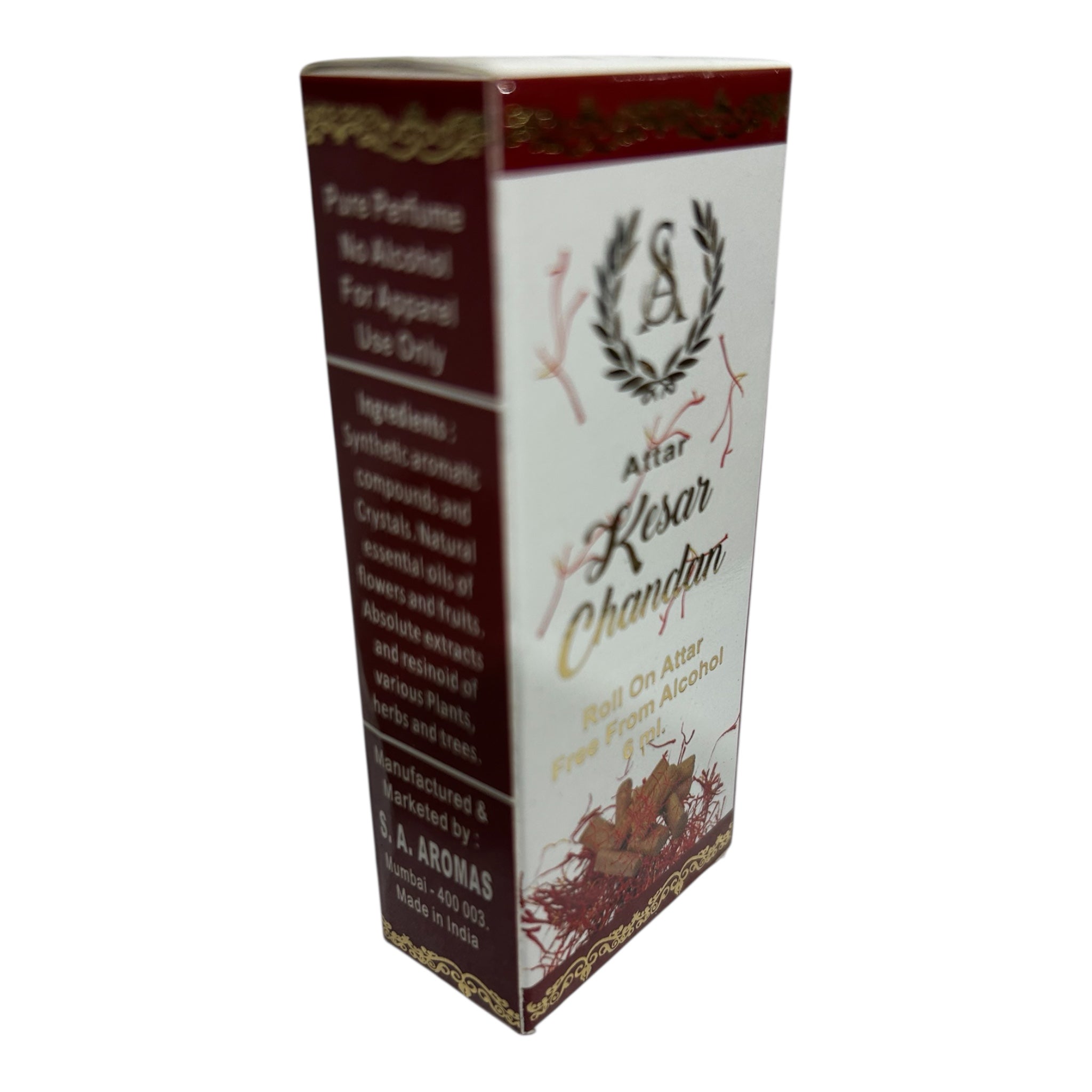 S.A. Aromas Kesar Attar Roll-On – 6 ml - Alcohol-Free Pure Saffron Perfume Oil