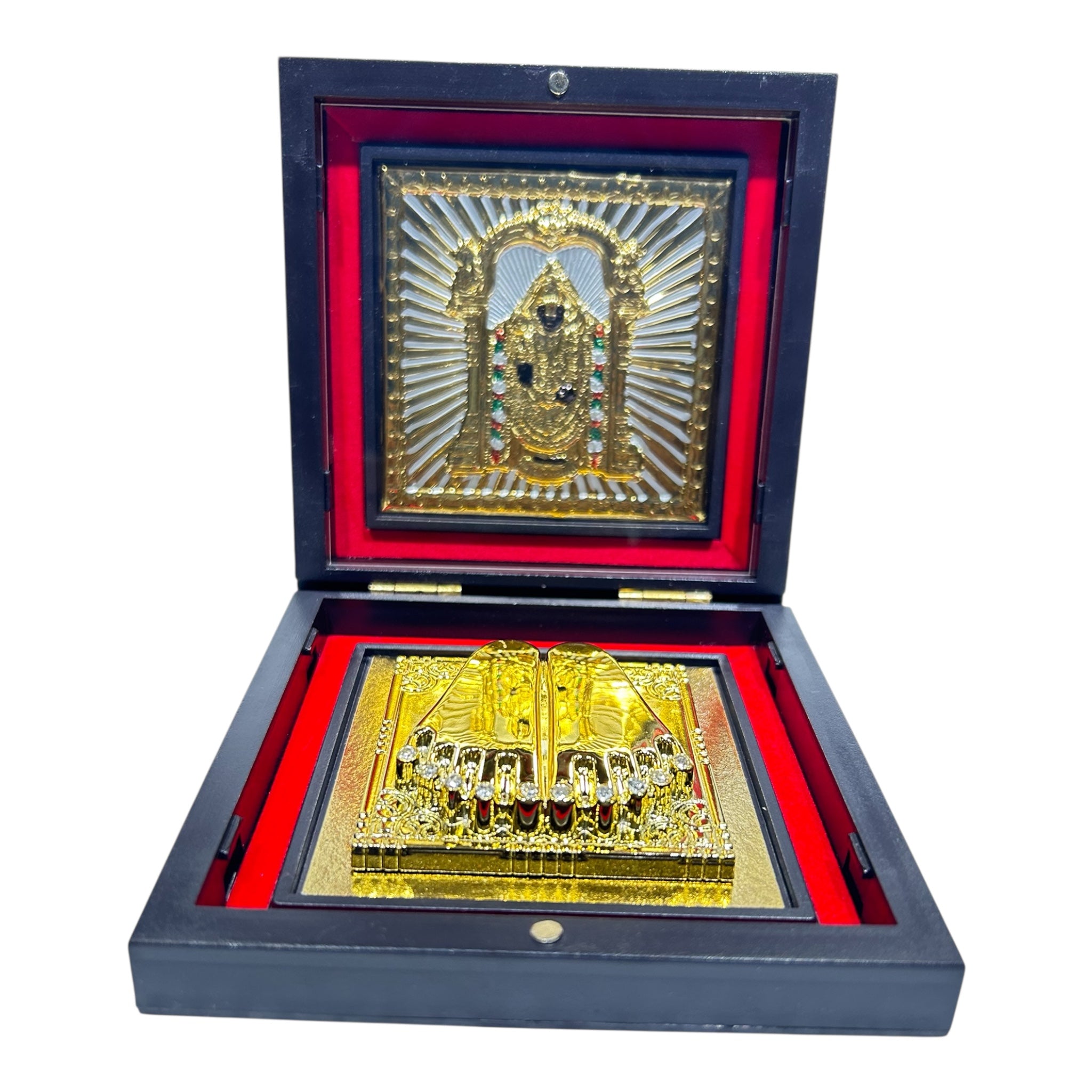 Srinivasar- Tirupati Balaji Gold Plated Charan Box Corporate Gift 11 x 11 cms - velvet-lined divine presence or festive decoration