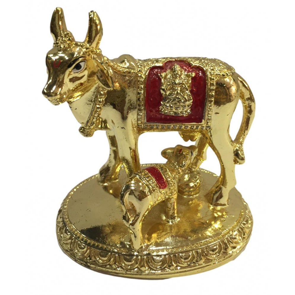 Gold coated Multicolour Cow and Calf  or Kaamadhenu Figurine  Home Decorative Showpiece 3.5 inch