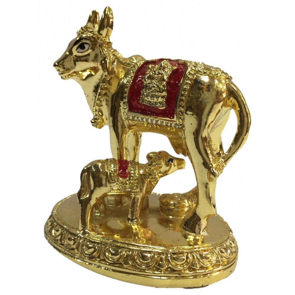 Gold coated Multicolour Cow and Calf  or Kaamadhenu Figurine  Home Decorative Showpiece 3.5 inch