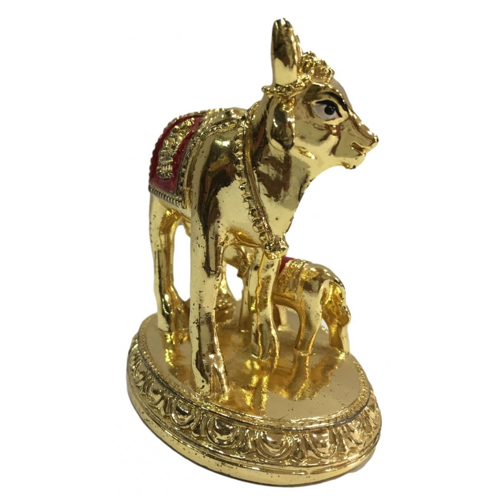 Gold coated Multicolour Cow and Calf  or Kaamadhenu Figurine  Home Decorative Showpiece 3.5 inch