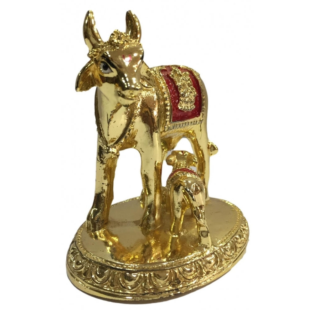 Gold coated Multicolour Cow and Calf  or Kaamadhenu Figurine  Home Decorative Showpiece 3.5 inch