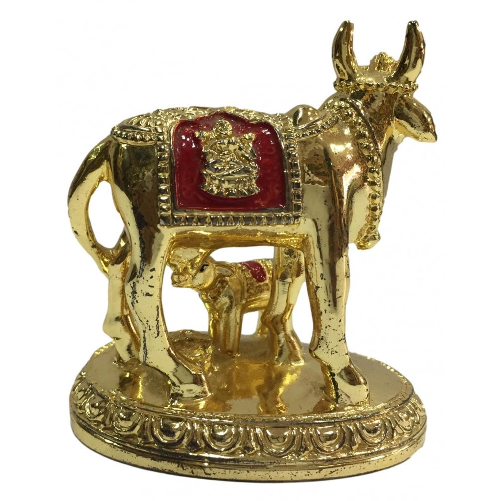 Gold coated Multicolour Cow and Calf  or Kaamadhenu Figurine  Home Decorative Showpiece 3.5 inch