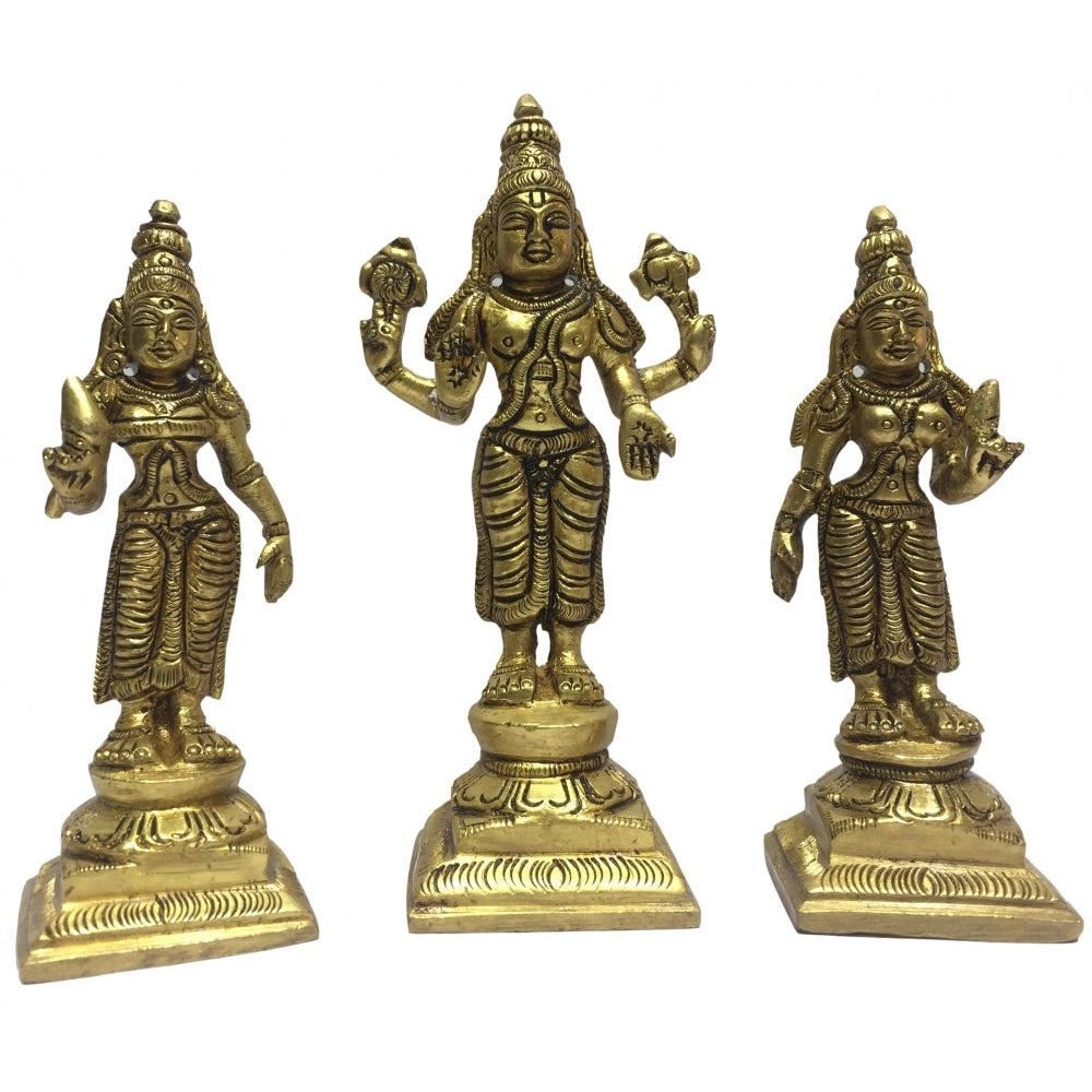 Maha Vishnu with Sri Devi and Boo Devi Brass Antique 4.5 Inch