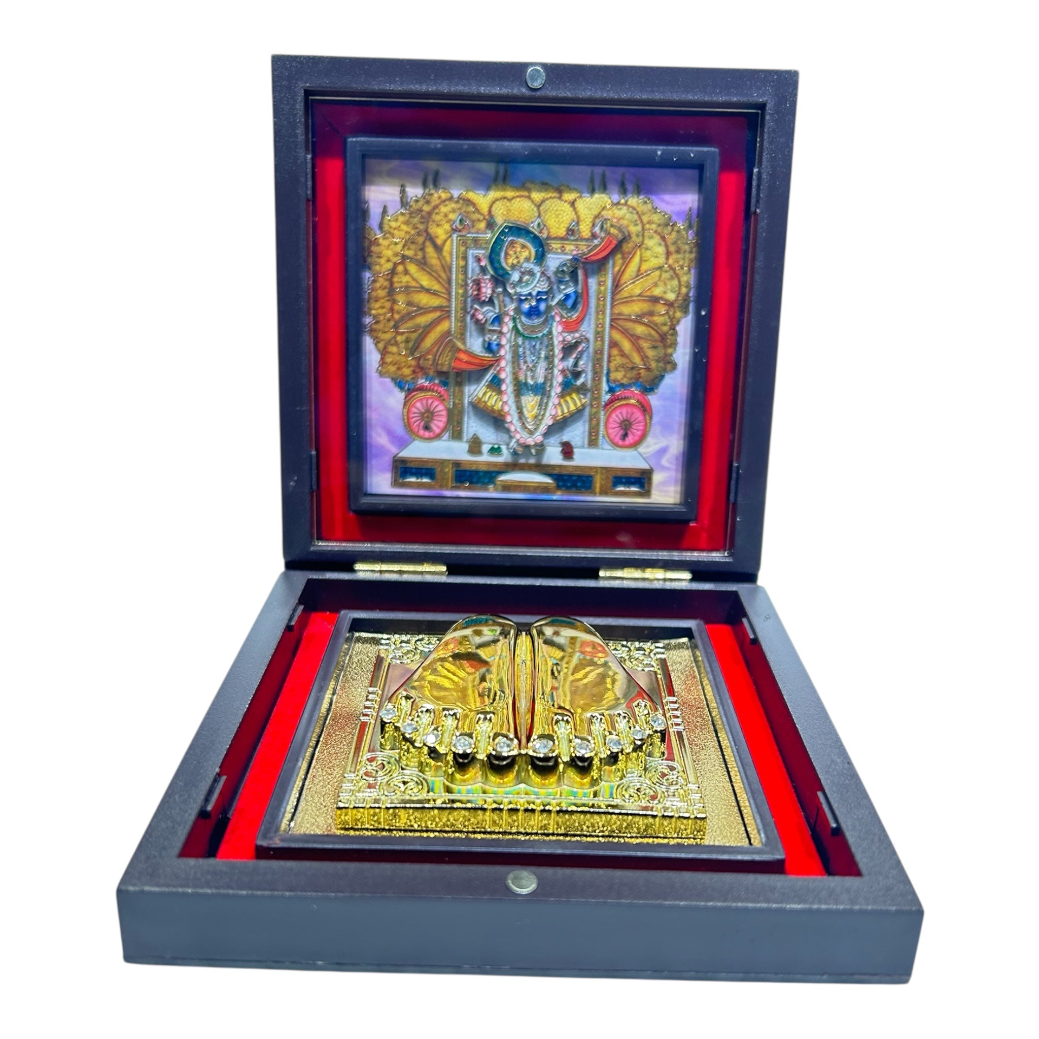 Dwarakaadeesh Shreenathji Sacred Charan Padhukas in a compact 11x11 cm box - devotional set for home Décor & spiritual gifting