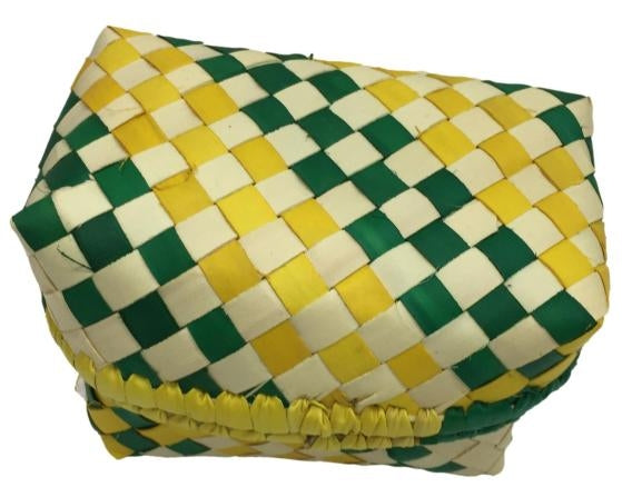 Traditional Green and Yellow Square Palm Leaf Pooja Pouch or Panai Olai Petti or Thiruman Box size 5 x 4 inch