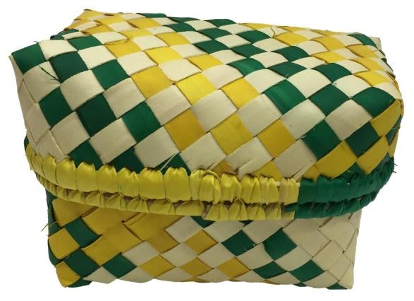 Traditional Green and Yellow Square Palm Leaf Pooja Pouch or Panai Olai Petti or Thiruman Box size 5 x 4 inch