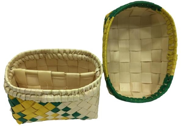 Traditional Green and Yellow Square Palm Leaf Pooja Pouch or Panai Olai Petti or Thiruman Box size 5 x 4 inch