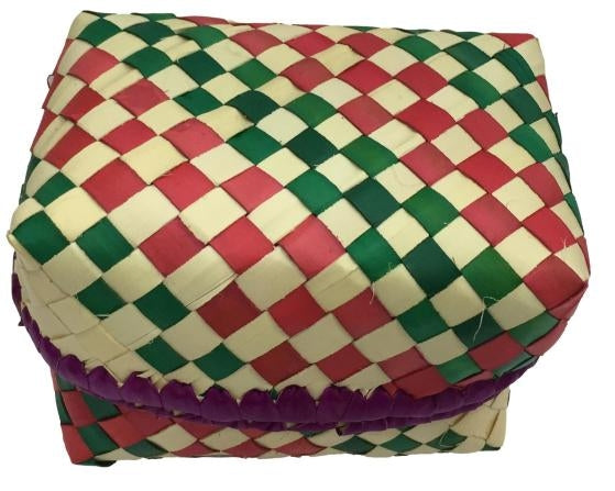 Traditional Red and Green Square Palm Leaf Pooja Pouch or Panai Olai Petti or Thiruman Box size 5 x 4 inch