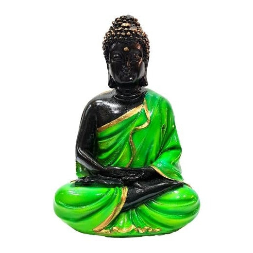 Meditating Green dressed Gowthama Buddha on Padmaasana Gypsm Decorative Showpiece Figurine 6 inch