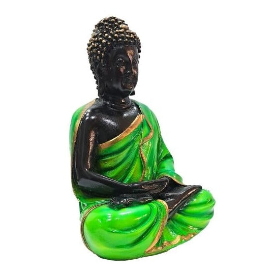 Meditating Green dressed Gowthama Buddha on Padmaasana Gypsm Decorative Showpiece Figurine 6 inch