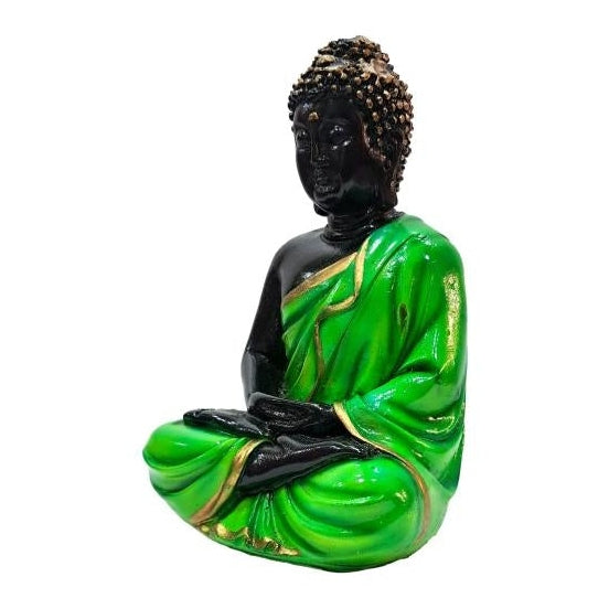 Meditating Green dressed Gowthama Buddha on Padmaasana Gypsm Decorative Showpiece Figurine 6 inch