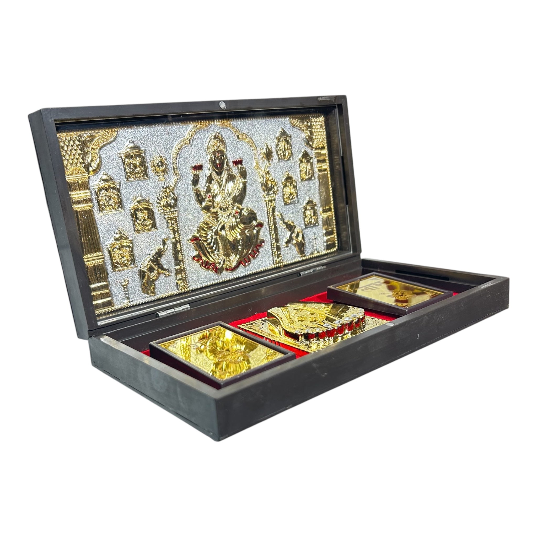 Sri Ashta Lakshmi Mathaji Silver plated  Charan Padhukas Box Corporate Gift 21 x 11 cms - Auspicious devotional presentation