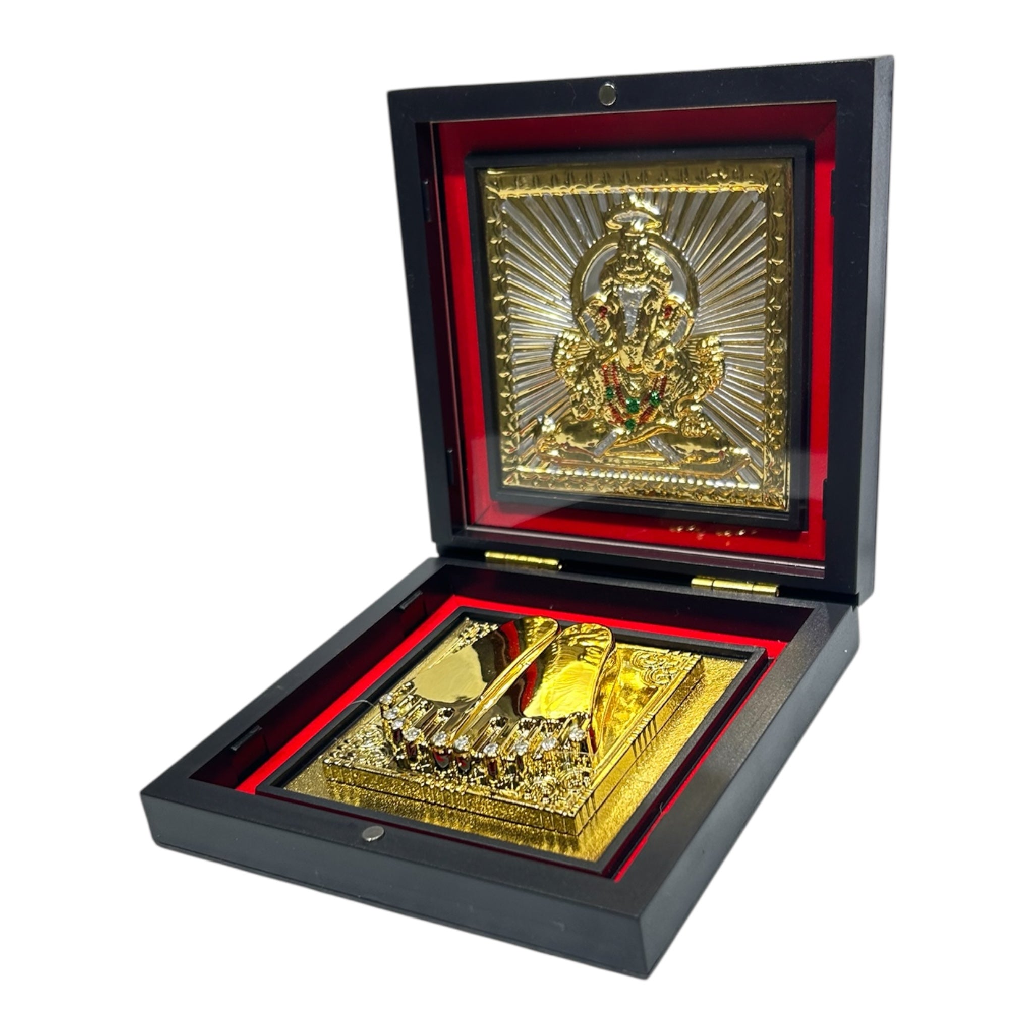 Silver Finish Multicolour Sri Ganesh Ji Gold Plated Charan Box Corporate Gift 11 x 11 cms - Auspicious Divine presentation