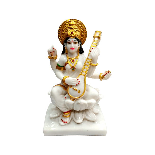 Veena Vani Swaraswathi Devi Golden White Marble Dust Figurine Size 7 Inch