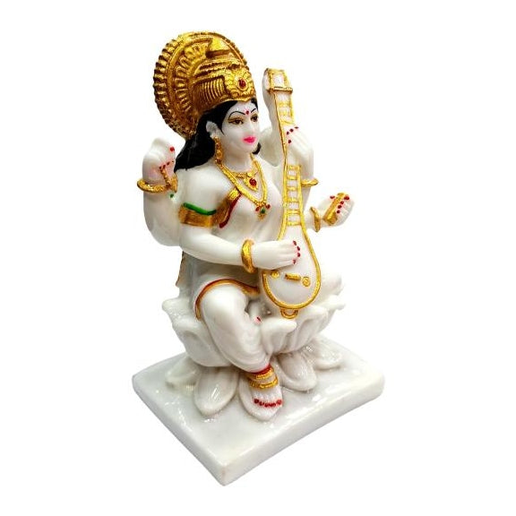 Veena Vani Swaraswathi Devi Golden White Marble Dust Figurine Size 7 Inch