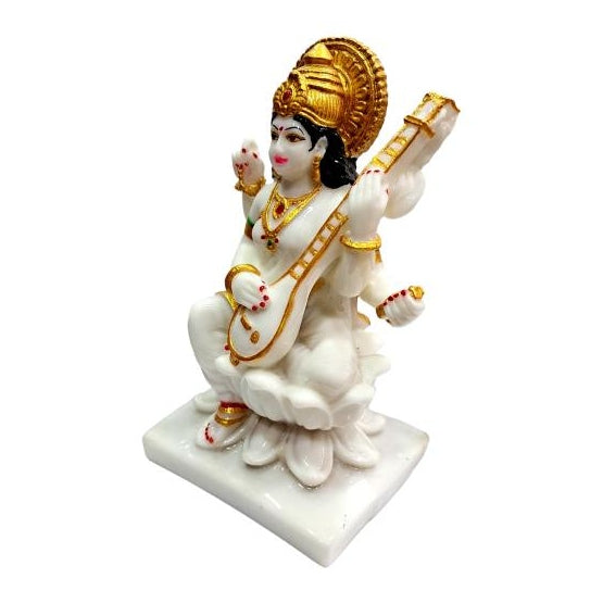 Veena Vani Swaraswathi Devi Golden White Marble Dust Figurine Size 7 Inch