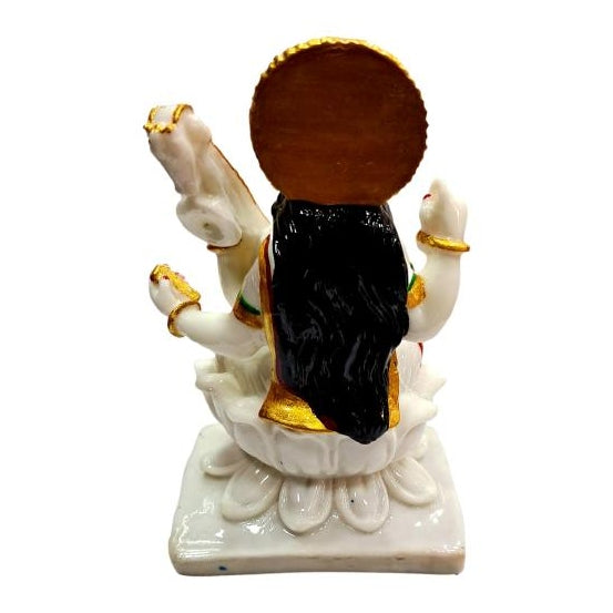 Veena Vani Swaraswathi Devi Golden White Marble Dust Figurine Size 7 Inch