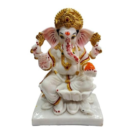 Golden White Ganesh Marble Dust Figurine Decorative Show Piece size 7 Inch