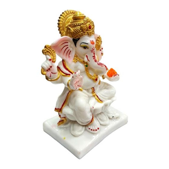 Golden White Ganesh Marble Dust Figurine Decorative Show Piece size 7 Inch