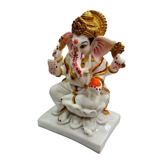 Golden White Ganesh Marble Dust Figurine Decorative Show Piece size 7 Inch