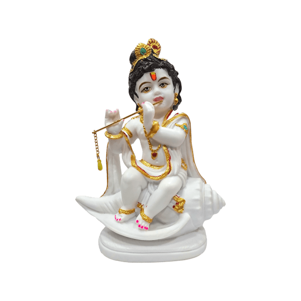 White Marble Dust Sri Bala Krishna playing Bansuri on Kanch / Flute Gopal on Shankh Washable Figurine Decorative Showpiece Size 8 inch