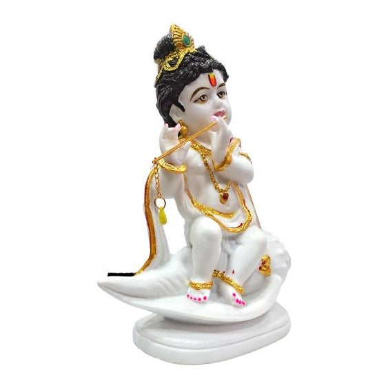 White Marble Dust Sri Bala Krishna playing Bansuri on Kanch / Flute Gopal on Shankh Washable Figurine Decorative Showpiece Size 8 inch