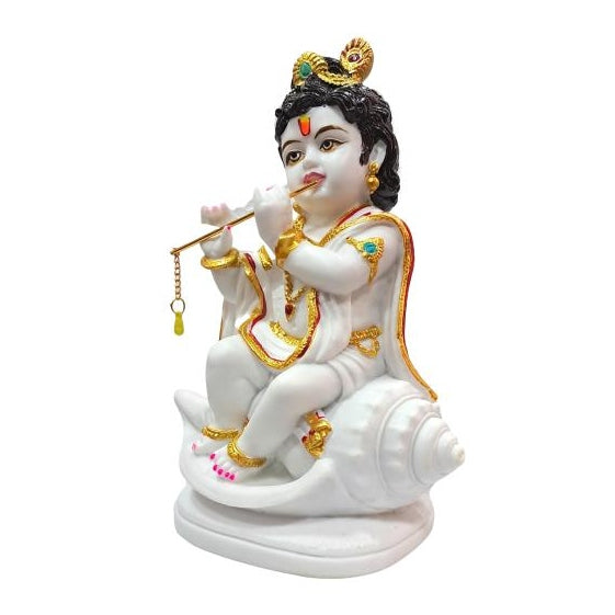 White Marble Dust Sri Bala Krishna playing Bansuri on Kanch / Flute Gopal on Shankh Washable Figurine Decorative Showpiece Size 8 inch