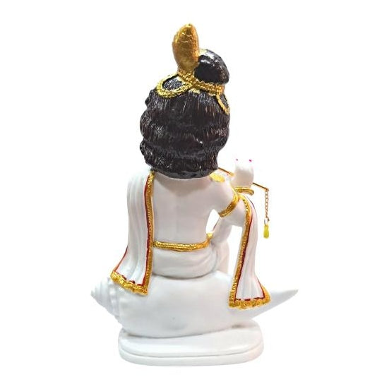 White Marble Dust Sri Bala Krishna playing Bansuri on Kanch / Flute Gopal on Shankh Washable Figurine Decorative Showpiece Size 8 inch