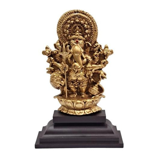 Ashtabhuja Shubh Drishti Ganesha on Lion Fibre Figurine Pooja Decorative Showpiece size 5 inch