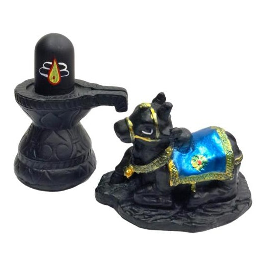 Black Shiva Ling with Nandhi Fibre Figurine Pooja Decorative Showpiece size 3.5 inch