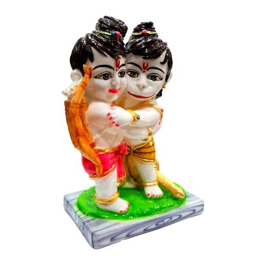 Multicolour Chota Ram Hugging Hanuman Marble Dust Pooja Decorative Figurine 9 inch