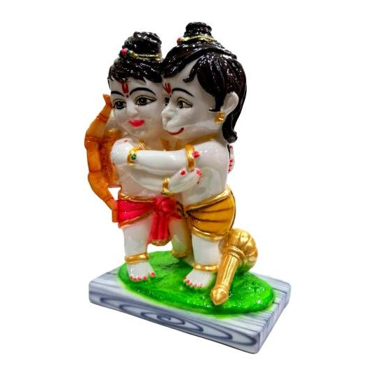 Multicolour Chota Ram Hugging Hanuman Marble Dust Pooja Decorative Figurine 9 inch