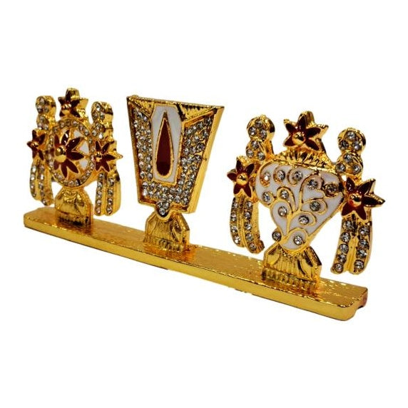 Thenkalai Namam Shanku Chakra Gold Plated Stone Decorative Car Home Decor Showpiece 1.5 inch