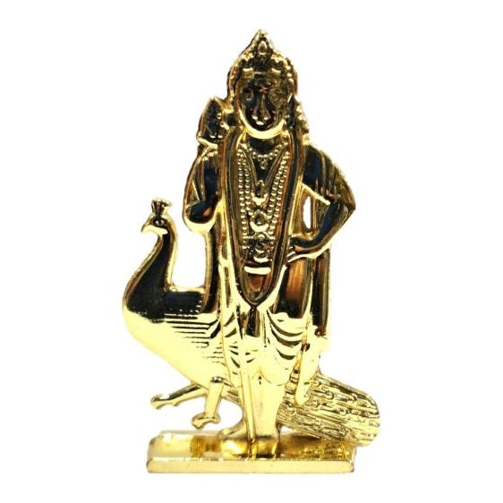 Golden Shining Mayil - Vel Murugan / Karthikeya with Vel & Peacock Car Decorative Stand Showpiece size 2.5 inch