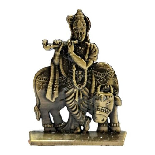 Green Antique Bansuri Krishna with Goumatha Flute Gopal Car Decor Showpiece 2.5 Inch