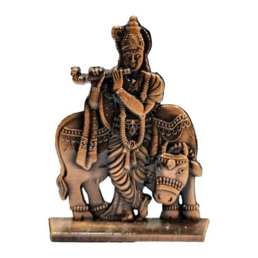 Copper Finish Antique Bansuri Krishna with Goumatha Flute Gopal Car Decor Showpiece 2.5 Inch