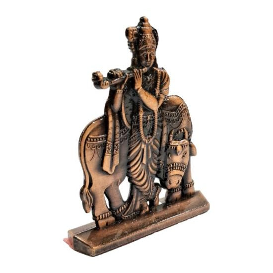 Copper Finish Antique Bansuri Krishna with Goumatha Flute Gopal Car Decor Showpiece 2.5 Inch