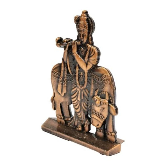 Copper Finish Antique Bansuri Krishna with Goumatha Flute Gopal Car Decor Showpiece 2.5 Inch