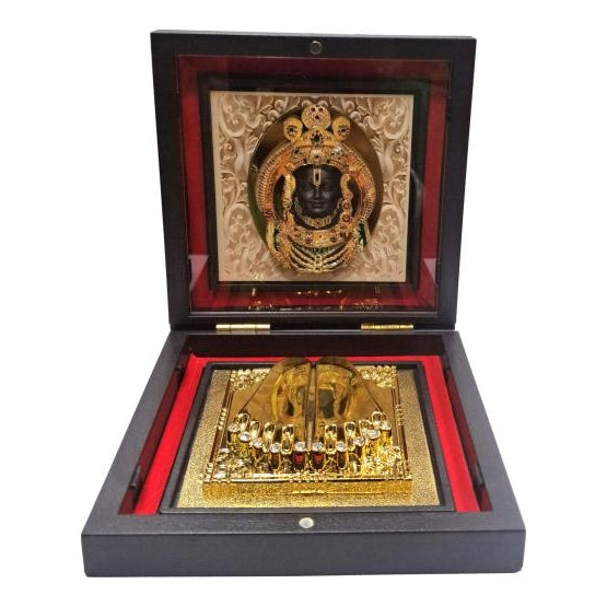 Sri Ayodha Ram lalla Murthi Gold Plated Charan Box Corporate Gift 7.5 x 7.5 cms