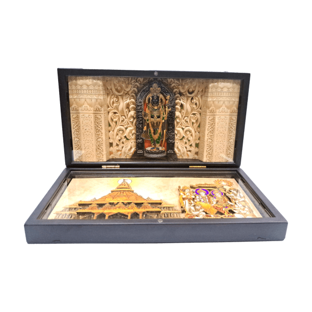 Sri Ayodhya Ram Lalla Murthi with Ayodhya Mandir inside Gold Plated Box Corporate Gift 21 x 11 cms